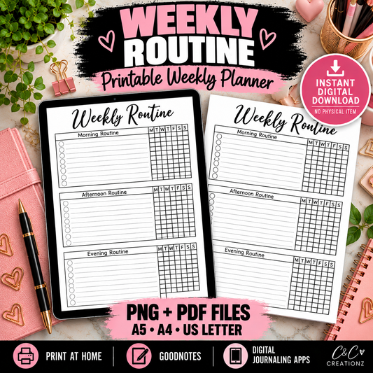 Weekly planner printable and digital week at a glance journal insert PNG PDF A5 A4 US Letter for Goodnotes and digital journaling