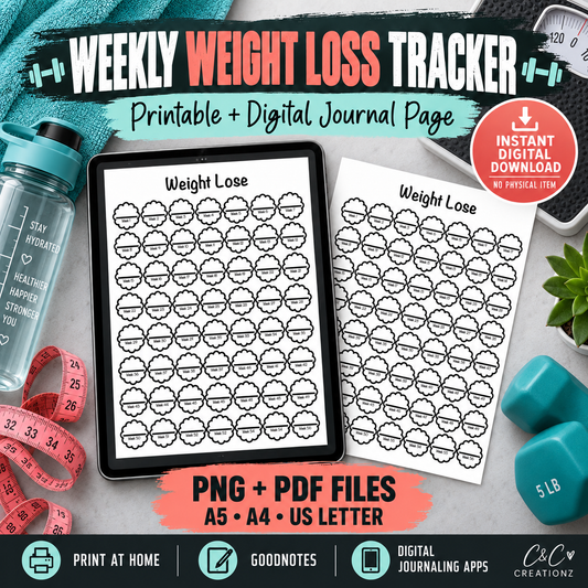 Weekly weight loss tracker printable and digital journal page PNG PDF A5 A4 US Letter for Goodnotes and digital journaling