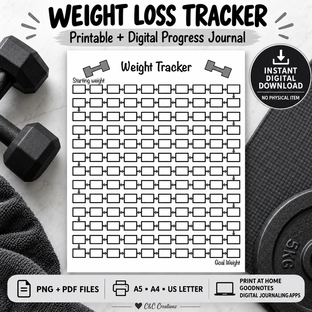 Weight loss pounds tracker printable and digital journal page PNG PDF A5 A4 US Letter for Goodnotes and progress journaling