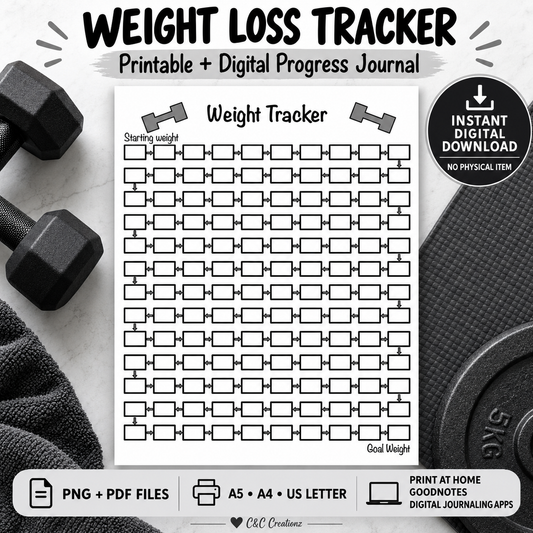 Weight loss pounds tracker printable and digital journal page PNG PDF A5 A4 US Letter for Goodnotes and progress journaling