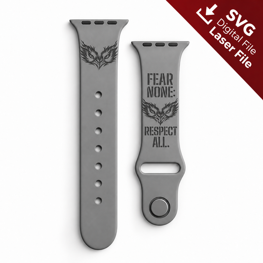 Wolf watch band SVG laser engraving file shown as a finished engraved gray silicone watch band mockup
