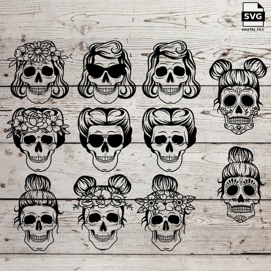 Feminine skull portraits with hairstyles and flowers. SVG digital download preview.