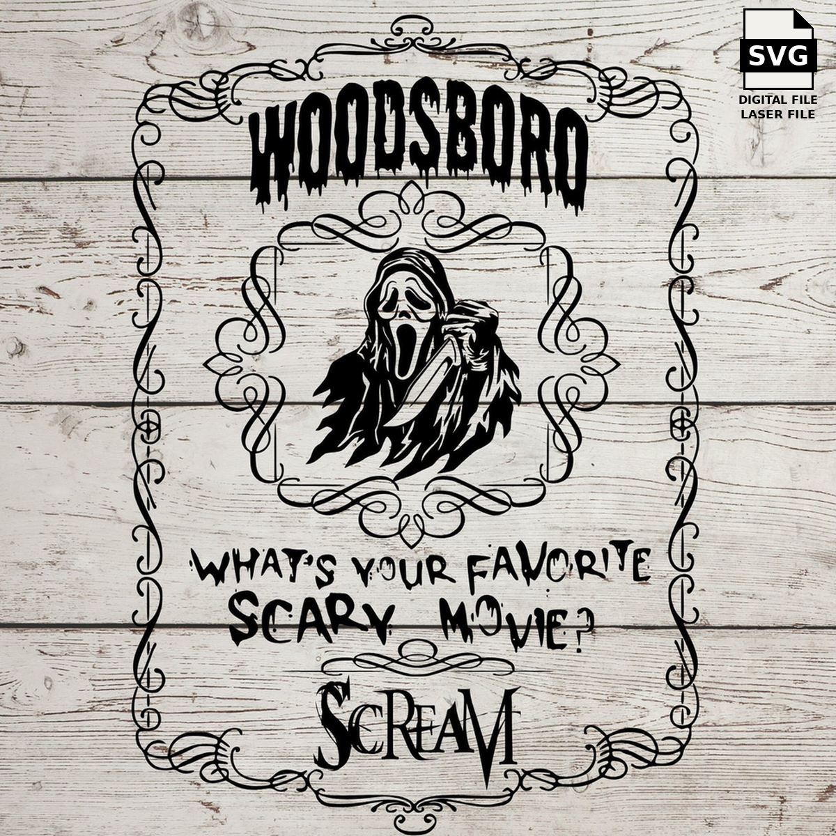Woodsboro Scream whiskey label with Ghostface portrait. SVG digital download preview.