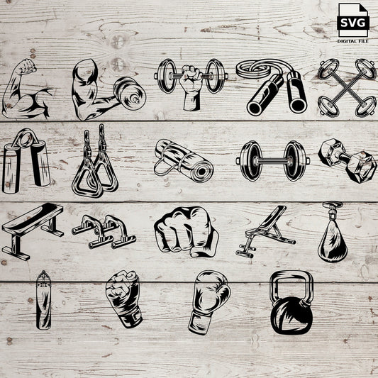 Fitness illustrations including weights, exercise equipment and workout accessories. SVG digital download preview.