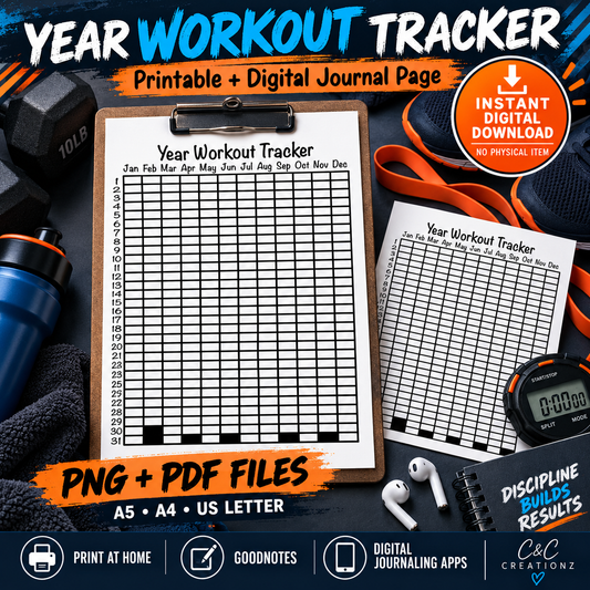 Year workout tracker printable and digital fitness journal page PNG PDF A5 A4 US Letter for Goodnotes and digital journaling