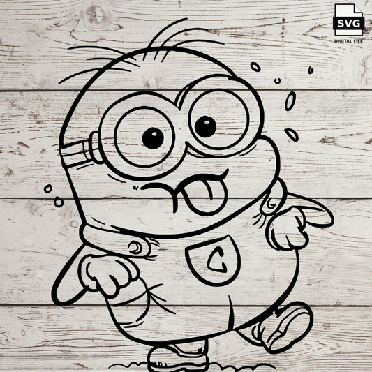 Yellow worker cartoon SVG design on a whitewashed wood background. SVG digital file preview.