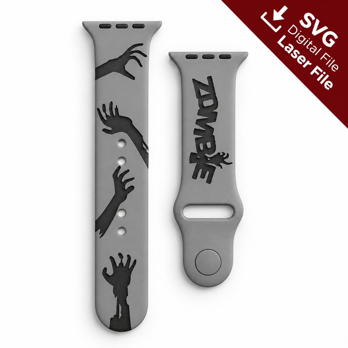 Zombie watch band SVG laser engraving file shown as a finished engraved gray silicone watch band mockup