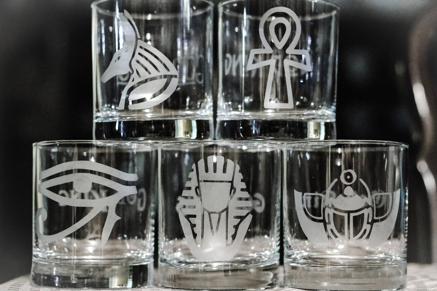 Egyptian Etched Glasses, Egyptian Scarab, Pharaoh, King, Eye of Horus, Ankh, Pyramid, Eye of Ra - CCCreationz