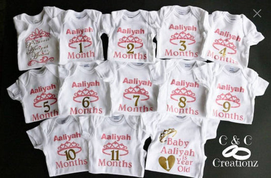 Monthly onsie, baby first year, baby milestone, custom , personalized onesie, onesie set - CCCreationz