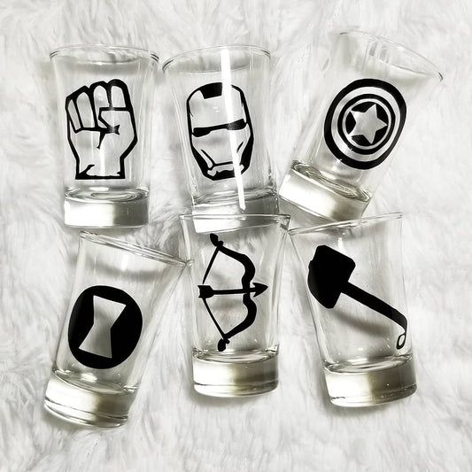 Marvel Set, Bar Glass Set, Iron man, Thor, Hulk, Captain America, Hawk, Black Widow, Super Hero - CCCreationz