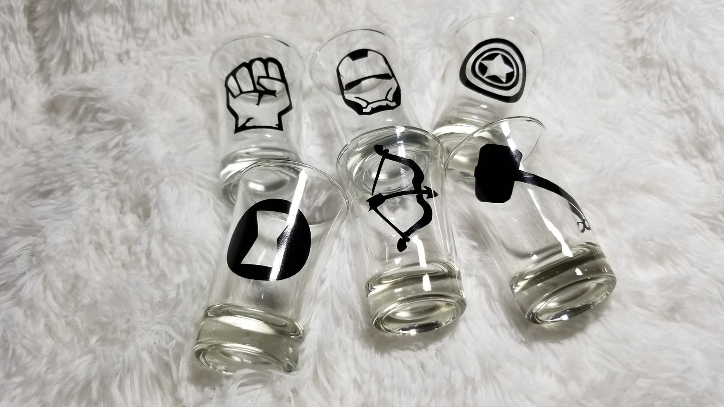 Marvel Set, Bar Glass Set, Iron man, Thor, Hulk, Captain America, Hawk, Black Widow, Super Hero - CCCreationz
