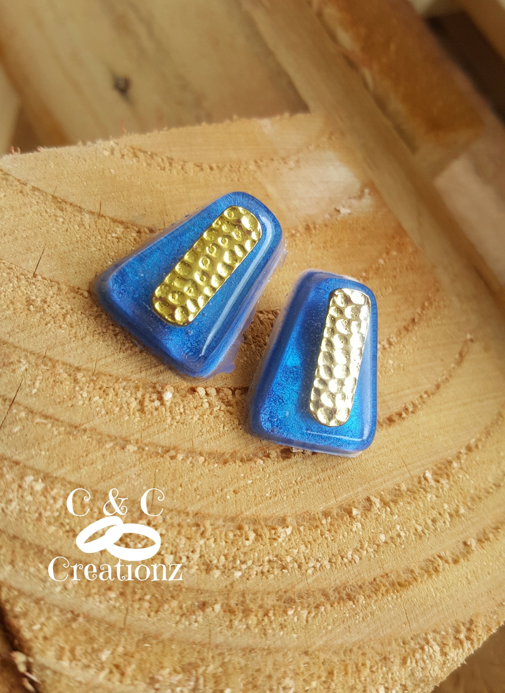 Gold earrings, blue earrings, Resin earrings, statement earrings, post earrings, elegant earrings - CCCreationz