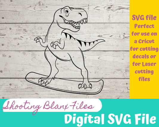 T-rex Dino Snow Boarding SVG files perfect for Cricut, Cameo, or Silhouette also for laser engraving Glowforge, Jurassic, Ice Age, sports