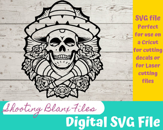 Sugar Skull Sombrero SVG Roses file perfect for Cricut, Cameo, or Silhouette, engraving Glowforge , cinco de mayo, may 5th, day of the dead