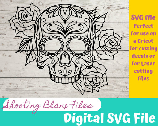 Sugar Skull SVG Roses file perfect for Cricut, Cameo, or Silhouette also engraving Glowforge , cinco de mayo, may 5th, day of the dead