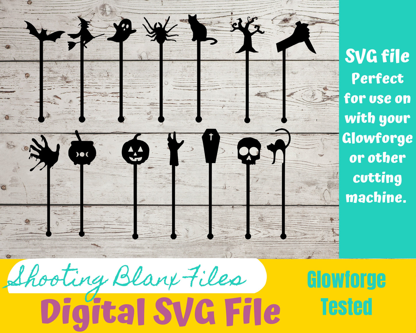 Halloween Stir Swizzle Sticks SVG Files | Halloween Drink Stirrers | Glowforge Halloween Cut File | Digital File witch, bat, spider, skull