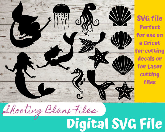 Mermaid Under the Sea Bundle  SVG file for Cricut - laser engraving Glowforge, ocean, underwater, starfish, mermaid tail