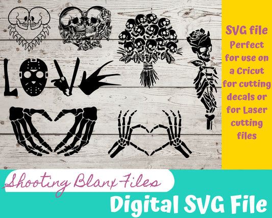 Horror Love Skeleton SVG Bundle file perfect for Cricut, Cameo, or Silhouette also for laser engraving Glowforge, Scary, Halloween Roses