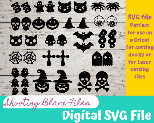 Halloween Earrings SVG files perfect for Cricut, Cameo, or Silhouette also engraving Glowforge , skull, witch, black cat, coffin, pumpkin