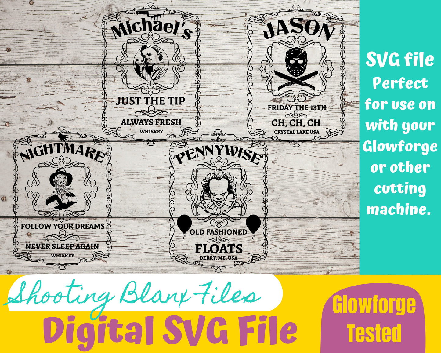 Horror Whiskey Flask Labels  SVG Files | Halloween Drink Stirrers | Glowforge Halloween Cut File | Digital File, Freddy, Jason, Michael