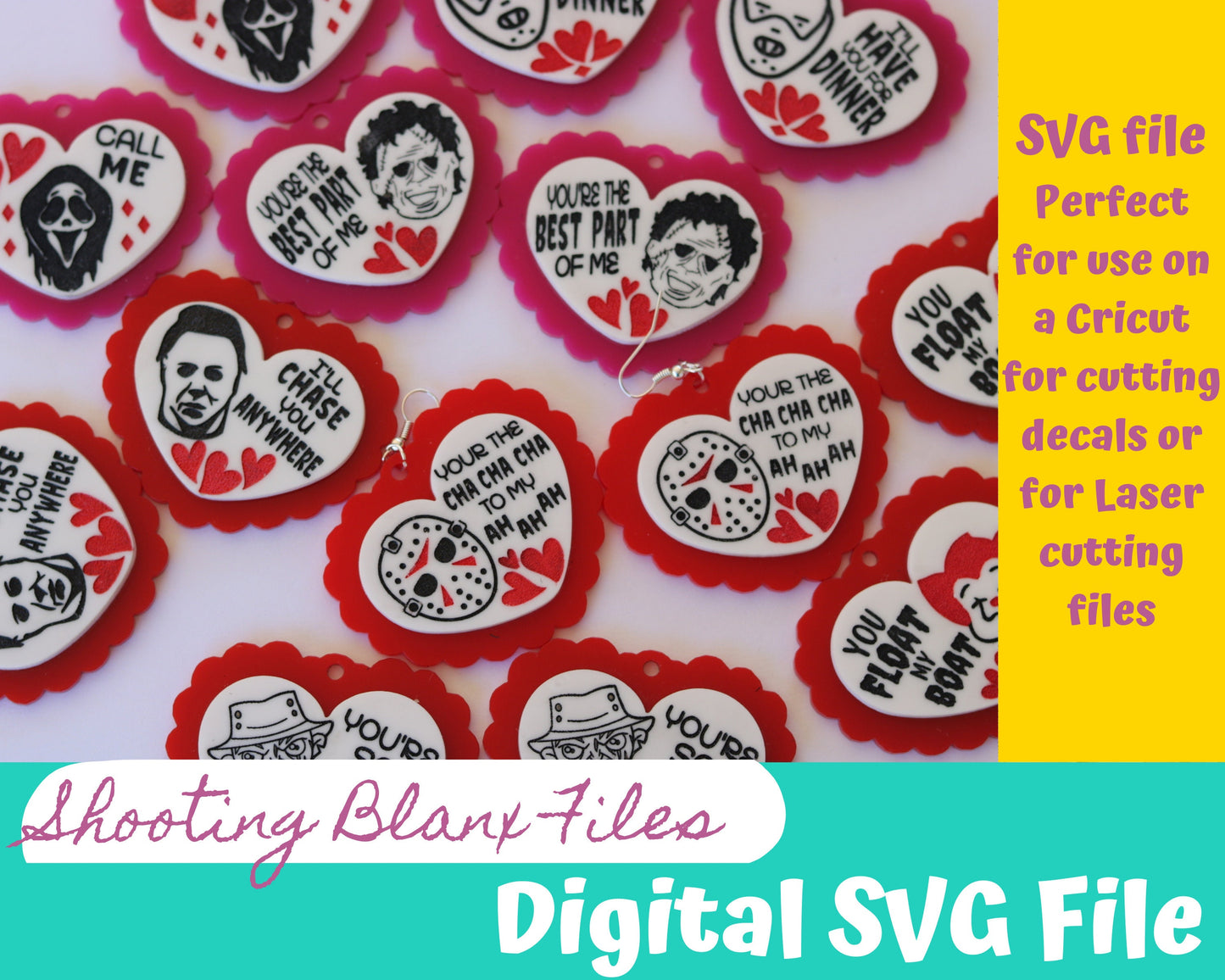 Bloody Valentine Dangled Earrings SVG Bundle / Freddy / Jason / Pennywise / Funny/ TV movie earrings/ Laser file/ Digital file/ Glowforge
