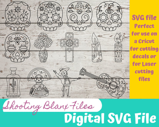 Cinco De Mayo SVG files perfect for Cricut, also for laser cutting Glowforge , line art, skull, day of the dead,