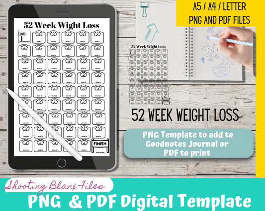 52 Week Weight Tracker / year at a glance tracker / Weight loss / Journal / Digital template / Journal Page layout