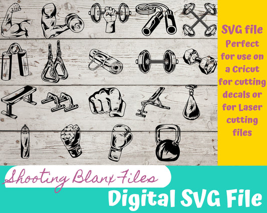 Workout SVG Bundle file perfect for Cricut, Cameo, or Silhouette also for laser engraving Glowforge, boxing, gym, weights