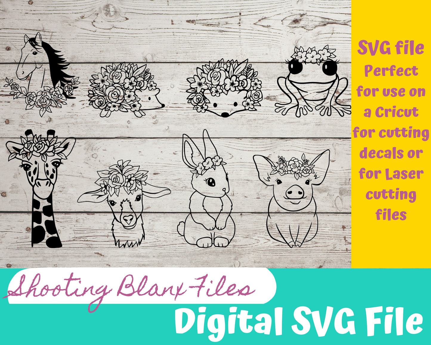Animals with Flower Crowns SVG file for Cricut - laser Glowforge, big, frog, horse, lama, giraffe
