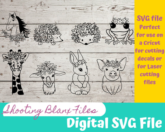 Animals with Flower Crowns SVG file for Cricut - laser Glowforge, big, frog, horse, lama, giraffe
