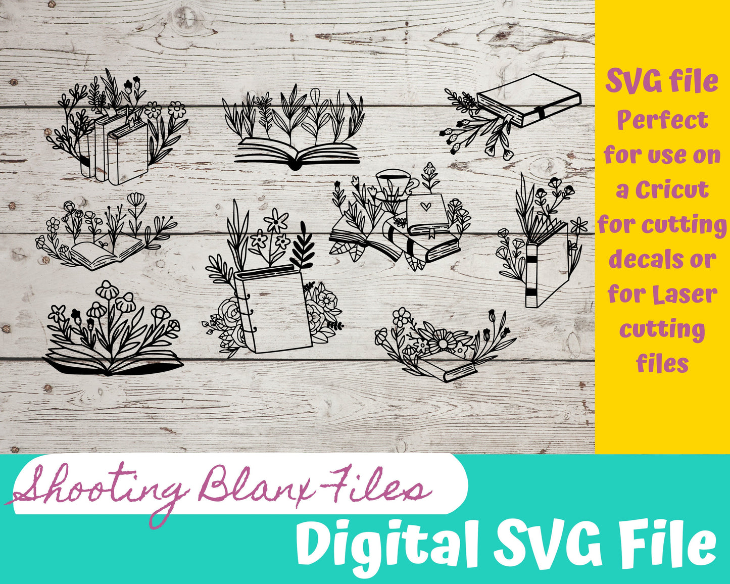 Flower Books SVG file for Cricut - laser Glowforge, reader, book lover, gardens