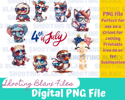4th of July Animal Bundle PNG files for sublimation or for creating printable art, Eagle, Fox, Elephant, Hamster, Cat, Giraffe, Bear