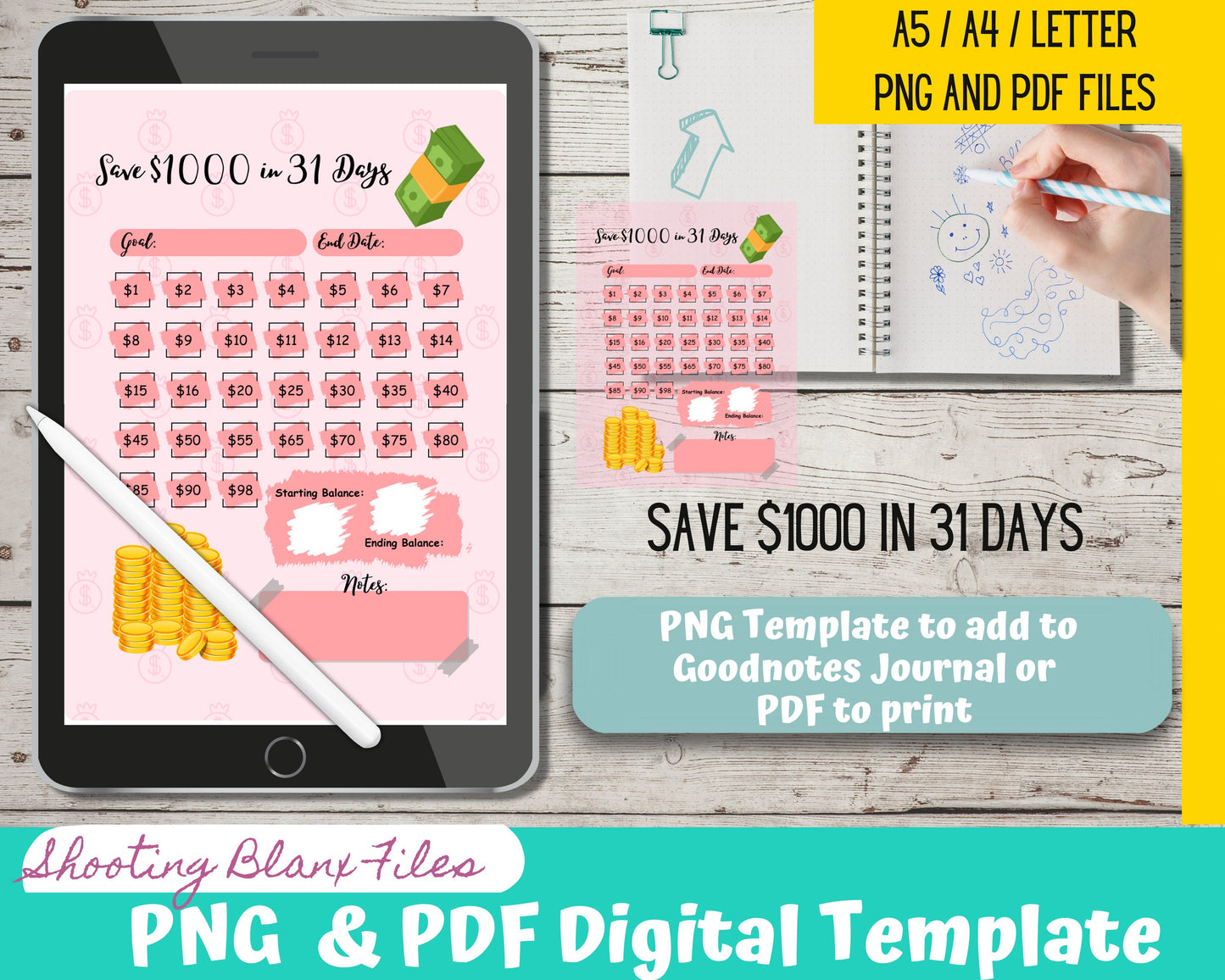 Savings Challenge, Money Journal, Money Challenge, Save 1000 in 30 Days,  Savings Tracker, Savings Planner, Saving Fund, Log, Saving Tracker