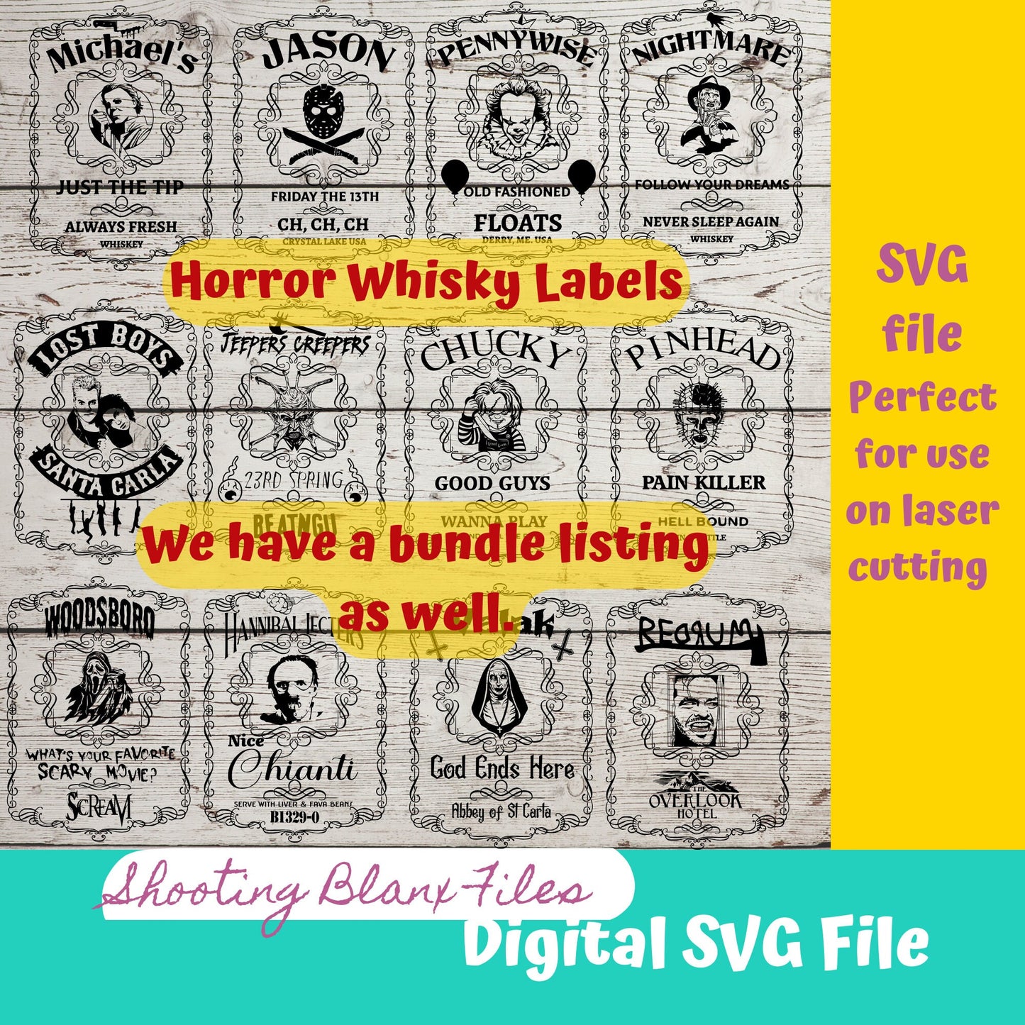 Horror Whiskey Flask Labels  SVG Files | Halloween whisky | Glowforge Halloween Cut File | Digital File, , Scary Movie