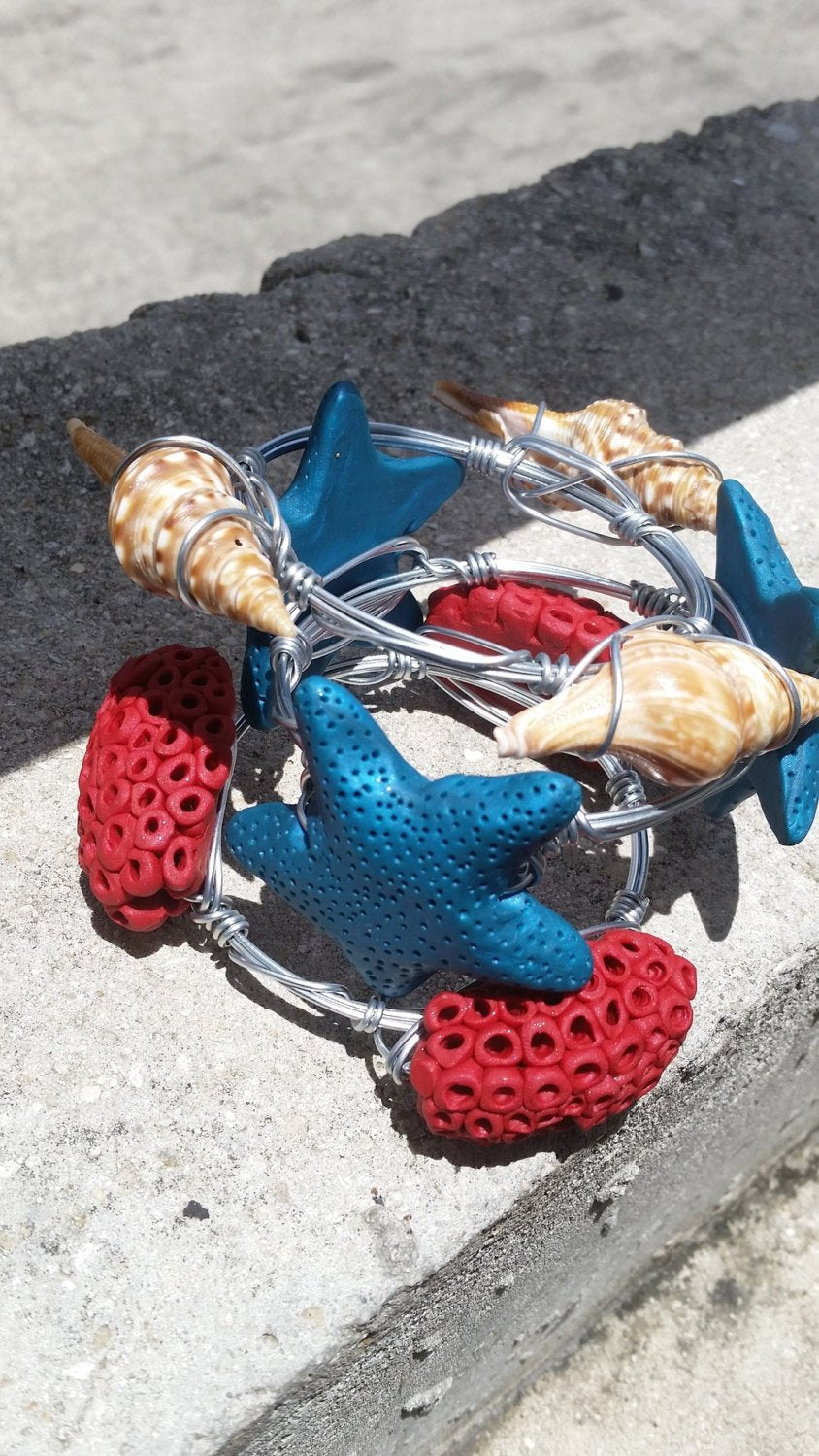 Under The Sea wire wrapped stack bracelets / star fish/ sea jewelry / sea shell - CCCreationz